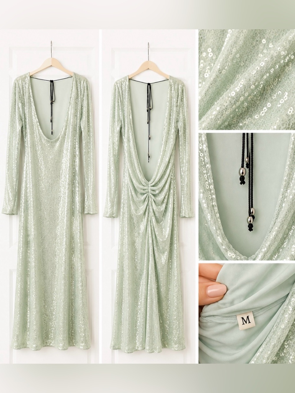 Sequin Drape-Back Long Sleeve Dress - Mint Green